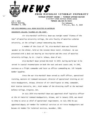 139-1963 : Air Vice-Marshall W.W. Bean selected as Waterloo University College &quot;Alumnus of the Year&quot;