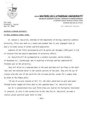 072-1966 : Waterloo Lutheran biologist to make Algonquin animal count