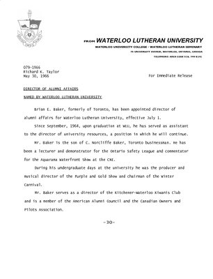 079-1966 : Director of Alumni Affairs named by Waterloo Lutheran University