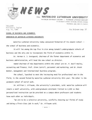 094-1966 : School of Business and Economics announced by Waterloo Lutheran University