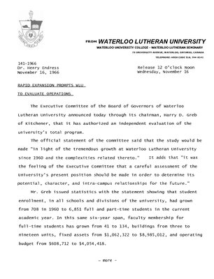 141-1966 : Rapid expansion prompts WLU to evaluate operations