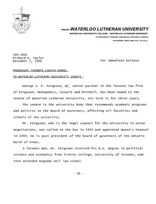 149-1966 : Prominent Toronto lawyer named to Waterloo Lutheran University senate