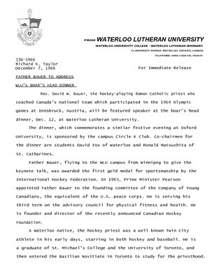 150-1966 : Father Bauer to address WLU's Boar's Head Dinner