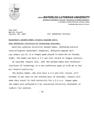 010-1967 : Basketball Golden Hawks trounce Osgoode Hall: host Rochester Institute of Technology Saturday