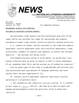 013-1967 : Government service for exporters outlined at Waterloo Lutheran Seminar