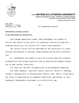 031-1967 : Centennial lecture series to be published by university