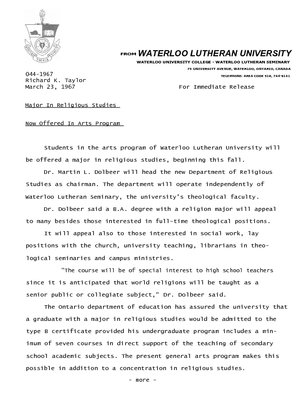 044-1967 : Major in religious studies now offered in arts program