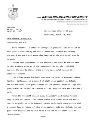 045-1967 : Dave Knechtel named WLU outstanding athlete