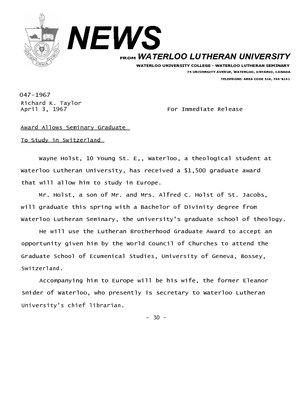 047-1967 : Award allows Seminary graduate to study in Switzerland