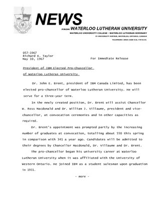 057-1967 : President of IBM elected Pro-Chancellor of Waterloo Lutheran University