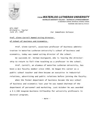 073-1967 : Prof. Glenn Carroll named Acting Director of School of Business and Economics