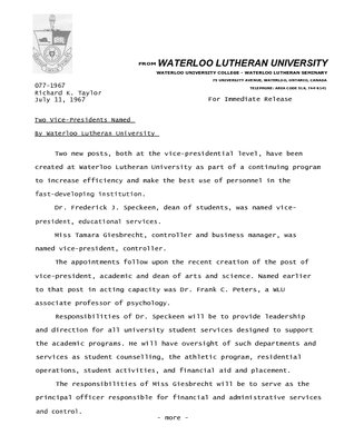 077-1967 : Two Vice-Presidents named by Waterloo Lutheran University