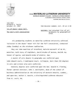 110-1967 : Six of Deans' Honor Roll for WLU's Fall Convocation