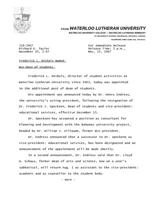 118-1967 : Frederick L. Nichols named WLU Dean of Students