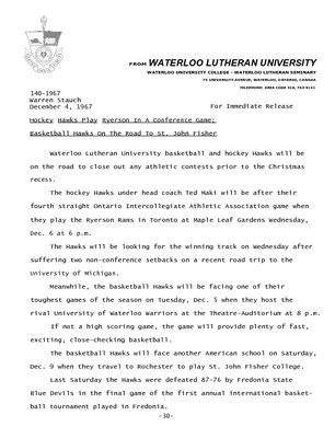 140-1967 : Hockey Hawks play Ryerson in a Conference Game; Basketball Hawks on the road to St. John Fisher