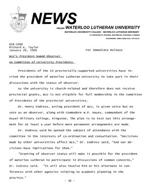 018-1968 : WLU's president named observer on Committee of University Presidents