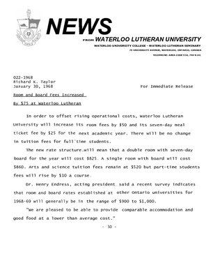 022-1968 : Room and board fees increased by $75 at Waterloo Lutheran