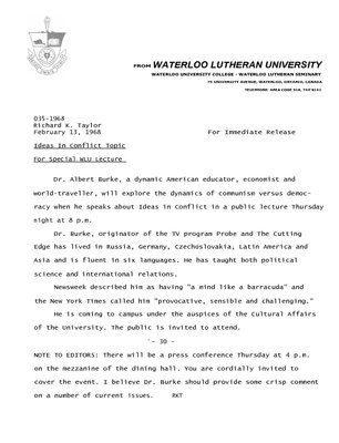 035-1968 : Ideas in conflict topic of special WLU lecture