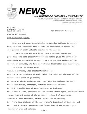 051-1968 : Nine at WLU honored with Centennial medals