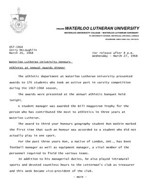 057-1968 : Waterloo Lutheran University honours athletes at annual awards dinner