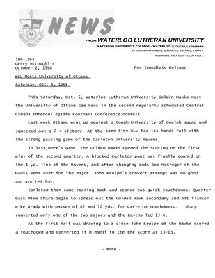 106-1968 : WLU meets University of Ottawa Saturday, Oct. 5, 1968