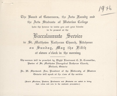 Waterloo College baccalaureate service invitation, 1946