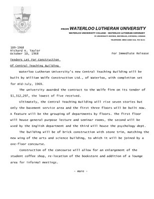 109-1968 : Tenders let for construction of Central Teaching Building