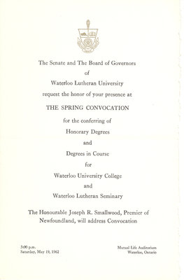 Waterloo Lutheran University convocation and baccalaureate service invitation, spring 1962