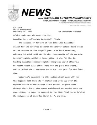 024-1969 : Golden Hawks one win away from the Canadian Intercollegiate basketball finals