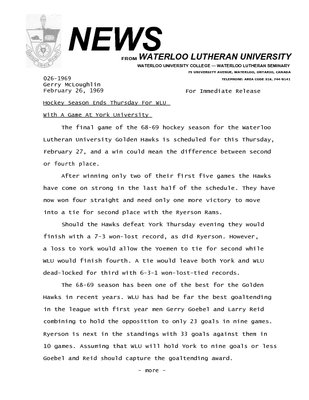 026-1969 : Hockey season ends Thursday for WLU with a game at York University