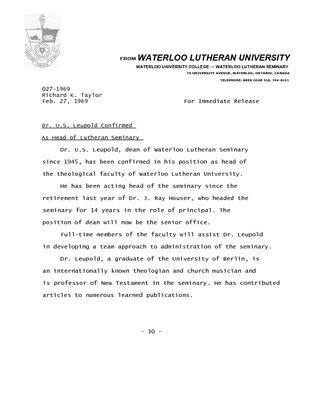 027-1969 : Dr. U. S. Leupold confirmed as head of Lutheran Seminary