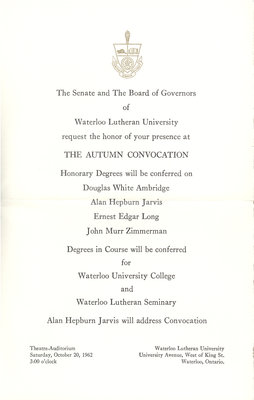 Waterloo Lutheran University convocation invitation, fall 1962