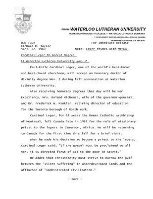 090-1969 : Cardinal Leger to accept degree at Waterloo Lutheran University Nov. 2