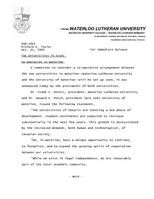 098-1969 : Two universities to study co-operation in Waterloo