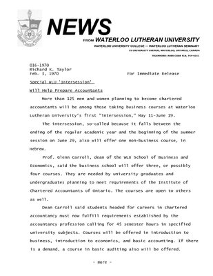 016-1970 : Special WLU &quot;Intersession&quot; will help prepare accountants