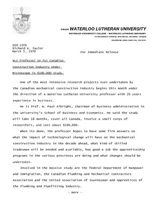 028-1970 : WLU professor to put Canadian construction industry under microscope in $100,000 study