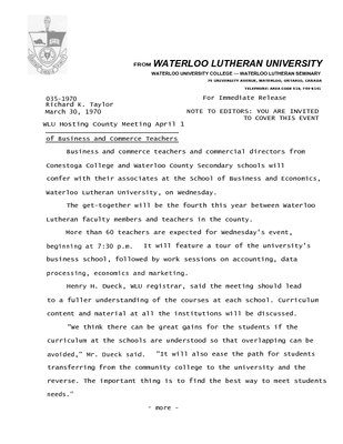 035-1970 : WLU hosting county meeting April 1 of business and commerce teaching