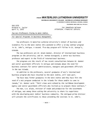 040-1970 : Two WLU professors flying to West Indies for special programs in business management