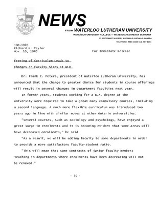 100-1970 : Freeing of curriculum leads to changes in faculty sizes at WLU