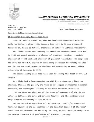 016-1971 : Rev. Dr. Delton Glebe named Dean of Lutheran Seminary for 5-year term