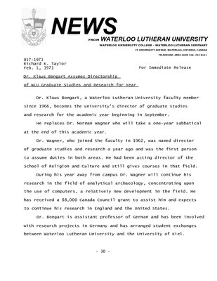 017-1971 : Dr. Klaus Bongart assumes directorship of WLU graduate studies and research for year