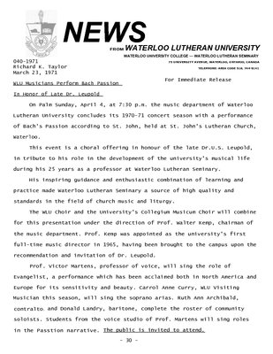 040-1971 : WLU musicians perform Bach Passion in honor of late Dr. Leupold