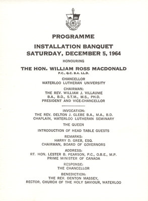 Programme : Installation banquet Saturday, December 5, 1964 honouring The Hon. William Ross Macdonald