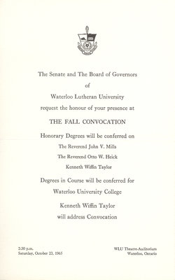 Waterloo Lutheran University fall convocation 1965 invitation