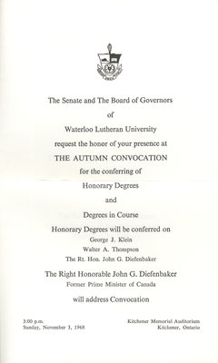 Waterloo Lutheran University 1968 fall convocation and baccalaureate service invitation