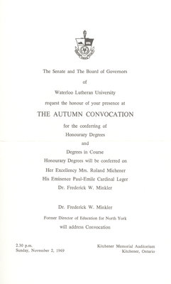 Waterloo Lutheran University 1969 fall convocation and baccalaureate service invitation