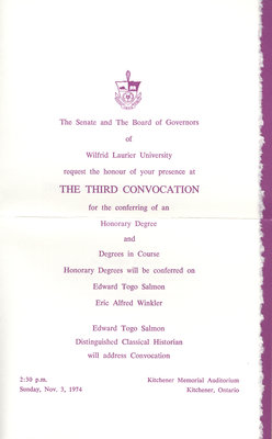 Wilfrid Laurier University 1974 fall convocation and baccalaureate service invitation