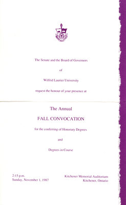 Wilfrid Laurier University fall convocation and baccalaureate service invitation, 1987