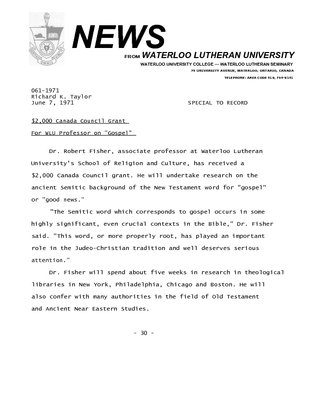 061-1971 : $2,000 Canada Council grant for WLU professor on &quot;Gospel&quot;