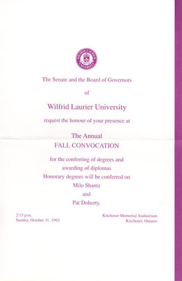 Wilfrid Laurier University 1993 fall convocation invitation